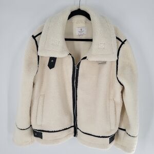 Jade & Ivory Cream Faux Shearling Aviator Jacket Black Trim Zip Front Cozy L New